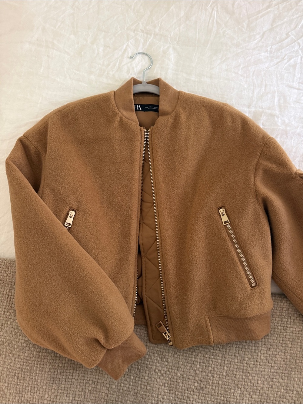 Zara Womenβs Camel Brown Bomber Jacket with Quilted Lining